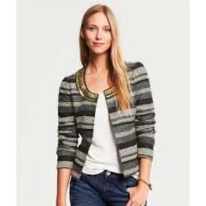 Banana Republic Heritage Tweed Jacket Blazer Beaded Neckline Grey Plaid Size 2